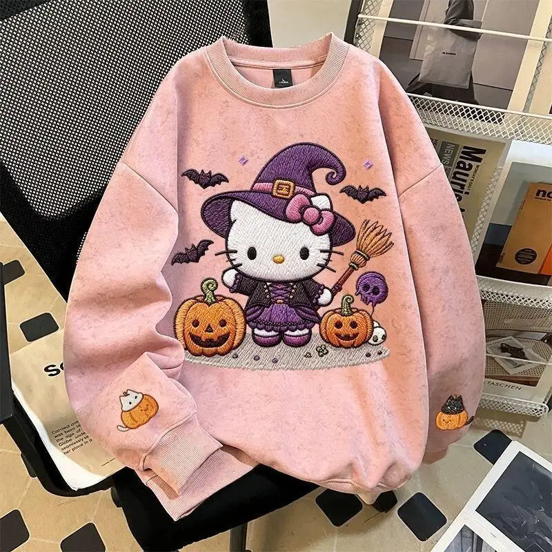 

Женская толстовка Sanrio Hello Kitty с круглым вырезом, на флисовой подкладке, с принтом тай-дай, унисекс, осенне-зимняя, повседневная, в американском стиле, с мультяшным рисунком