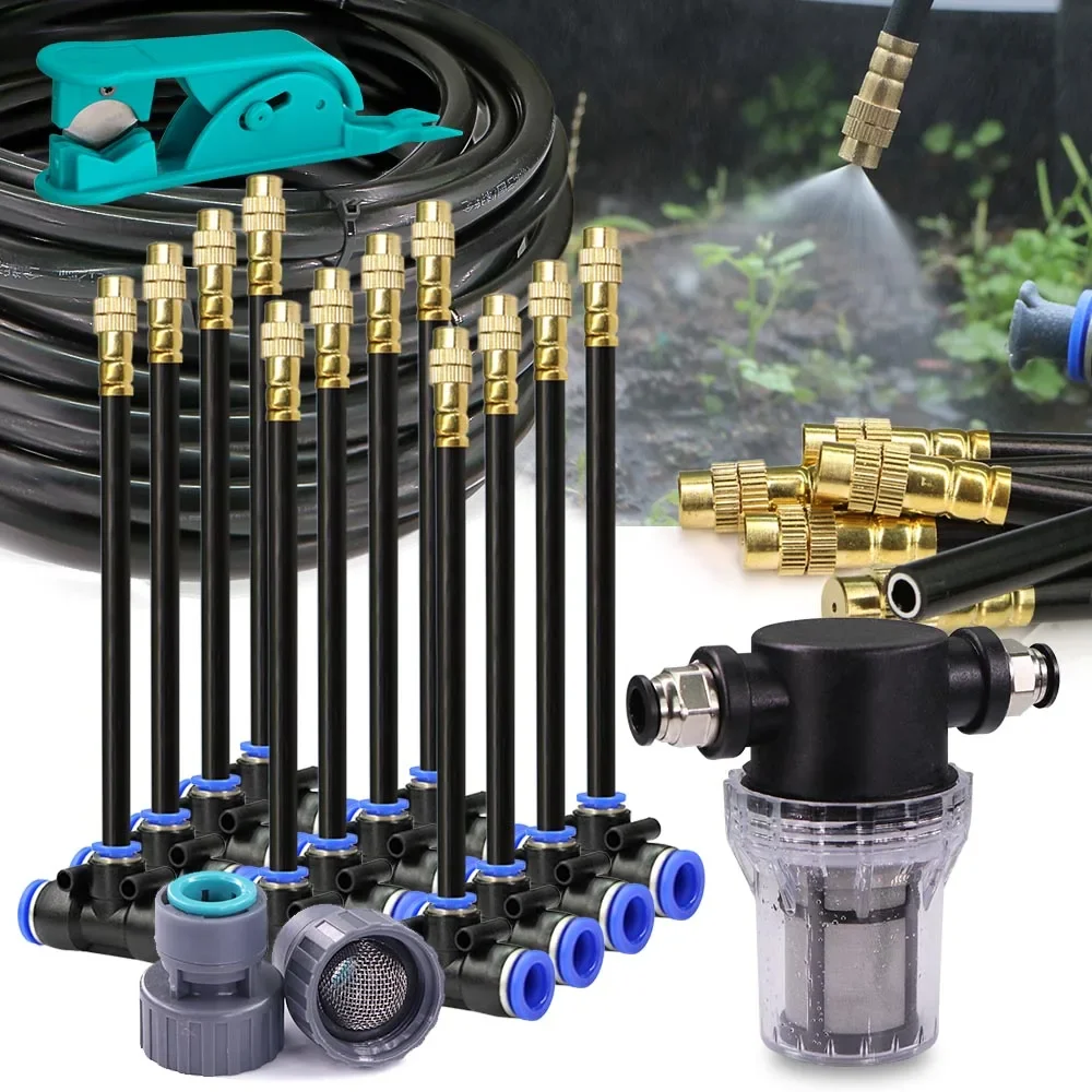 

20-5m 3/8" 9/12mm Misting Cooling System 360° Free-bend Brass Nozzle Adjustable Atomizer Sprayer Garden Irrigation 80mesh Filte