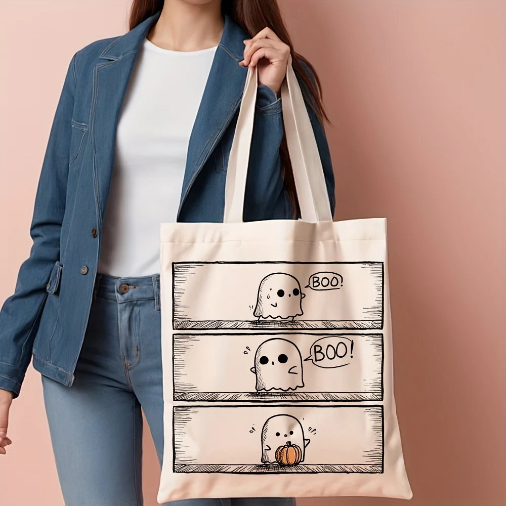 1pc Halloween Tote Bag - Spooky Minimalist Ghosts with BOO! Faces, Large 35.05x40.13 cm Reusable Grocery Bag, Durable Polyester