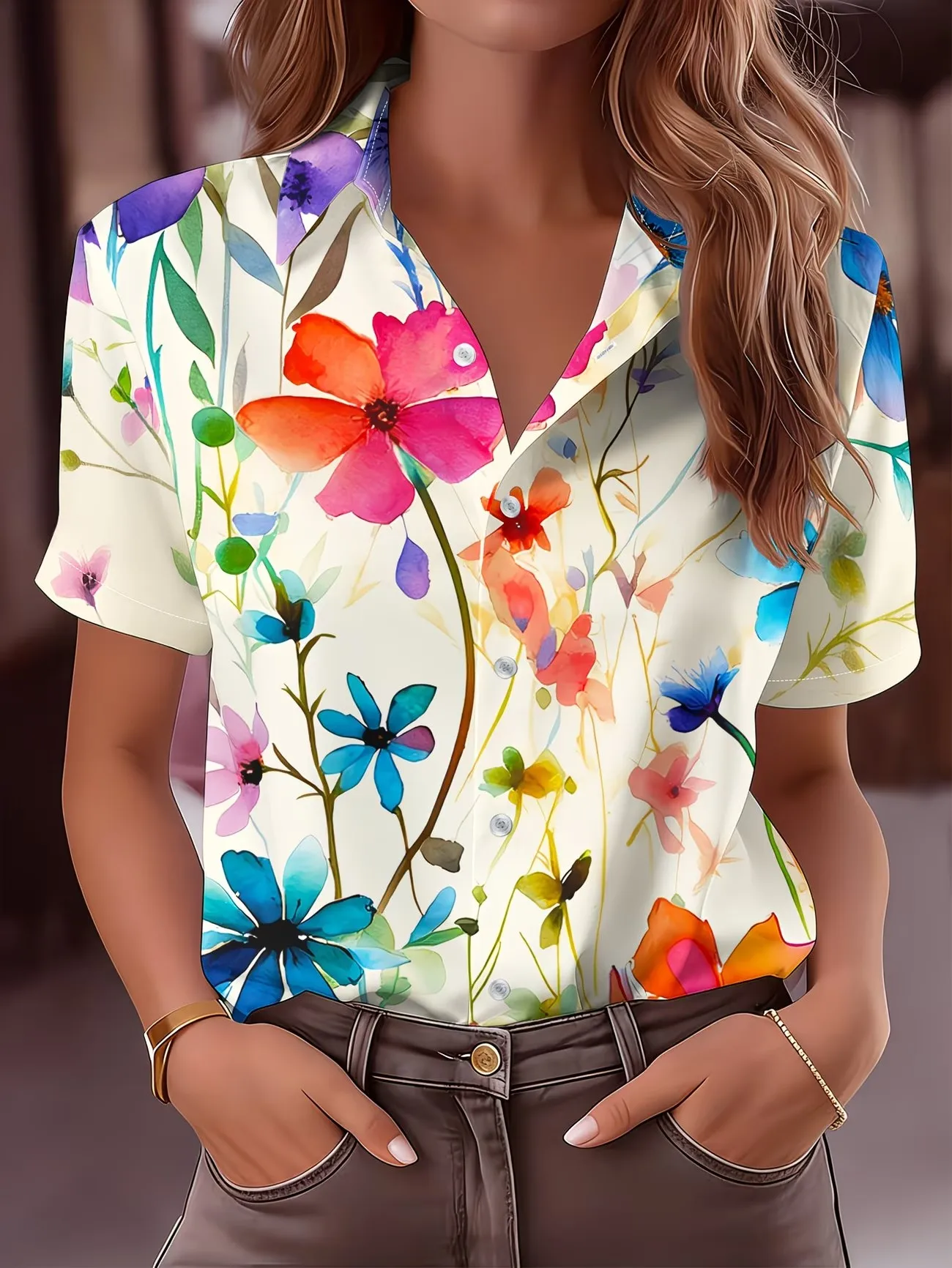 

Ladies Summer Short Sleeve Turn-down Collar Shirt 3D Colorful Floral Casual Blouse Women's Fashion Spring Summer Blouse Tops