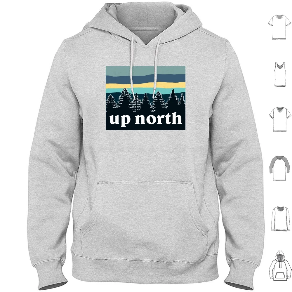 Up North Hoodie cotton Long Sleeve Up North Cottage Wisconsin Minnesota Pine Tree Great Lakes Huron Superior Sunset