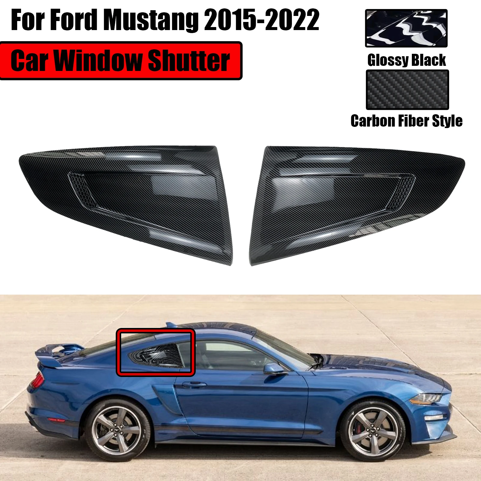 

6PCS 2015-2022 For Ford Mustang Car Rear Windows Louver Trim Shutter Cover Vent Scoop Decoration Carbon Fiber Style Glossy Black