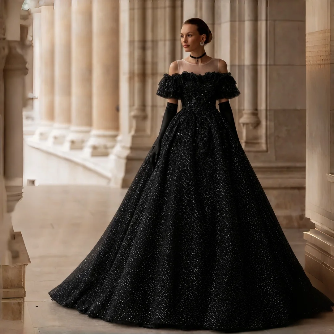 Black Sparkly Off-the-Shoulder Tulle Balloon-Sleeve Evening Gown Wedding Dress Lace Appliqué Customizable