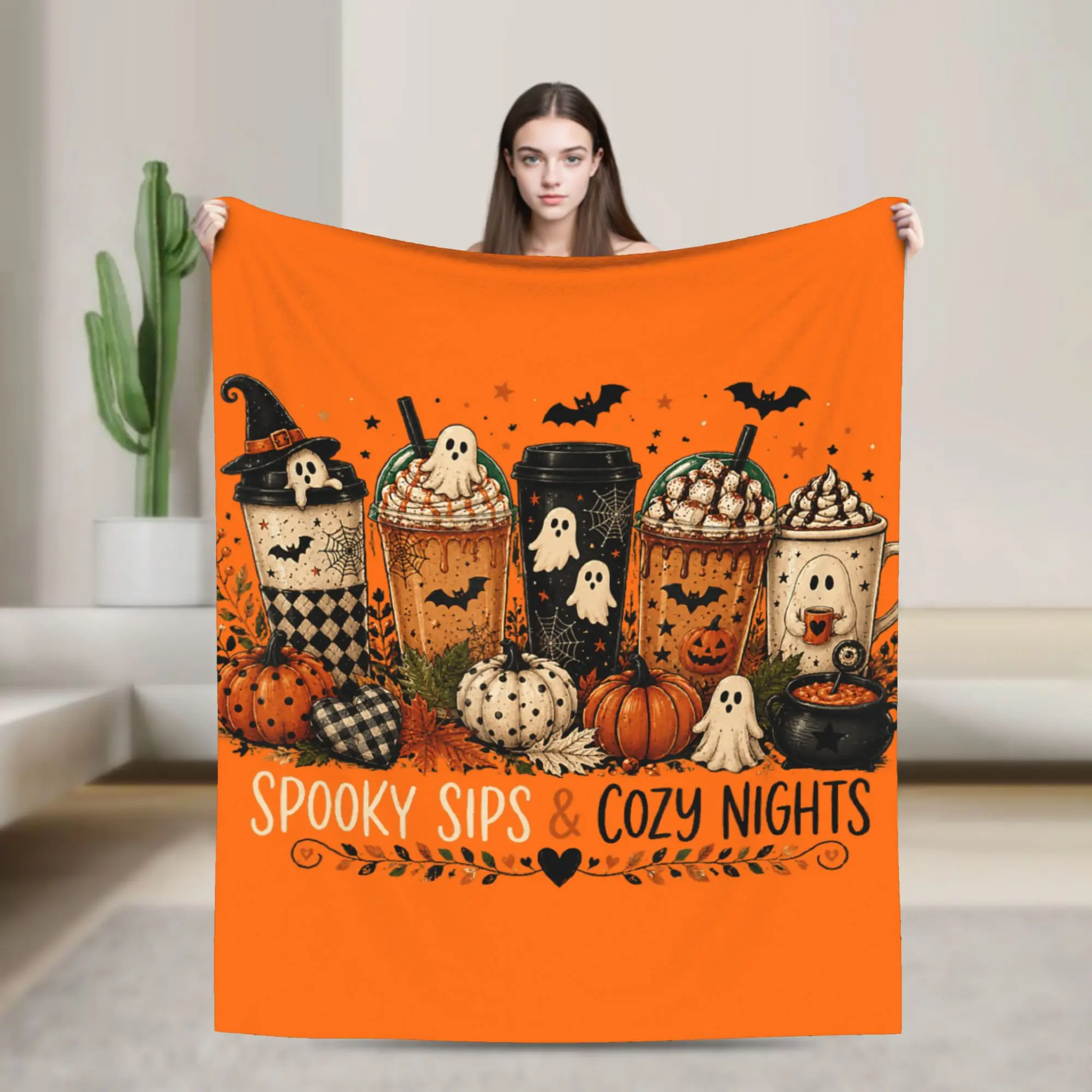 Halloween Coffee Ghost Spooky Fall Fuzzy Blankets  Awesome Throw Blankets for Home 125*100cm Bedspread