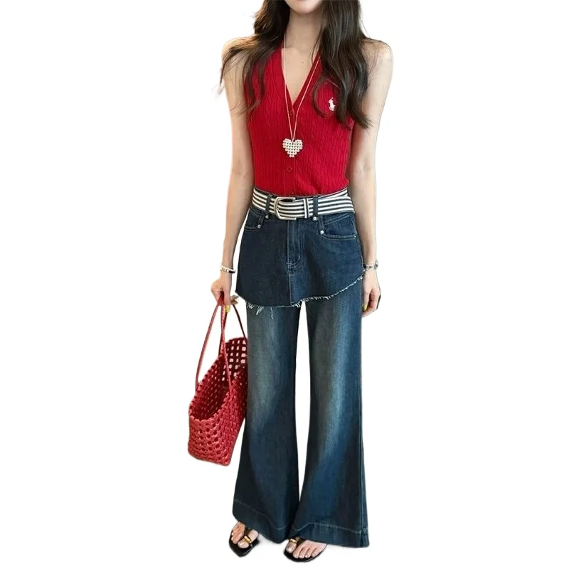 

Fake Two-piece High-waisted Slightly Pulled Jeans Women' Summer Loose Without Sticking To The Legs Showing Thinness Casual Pants