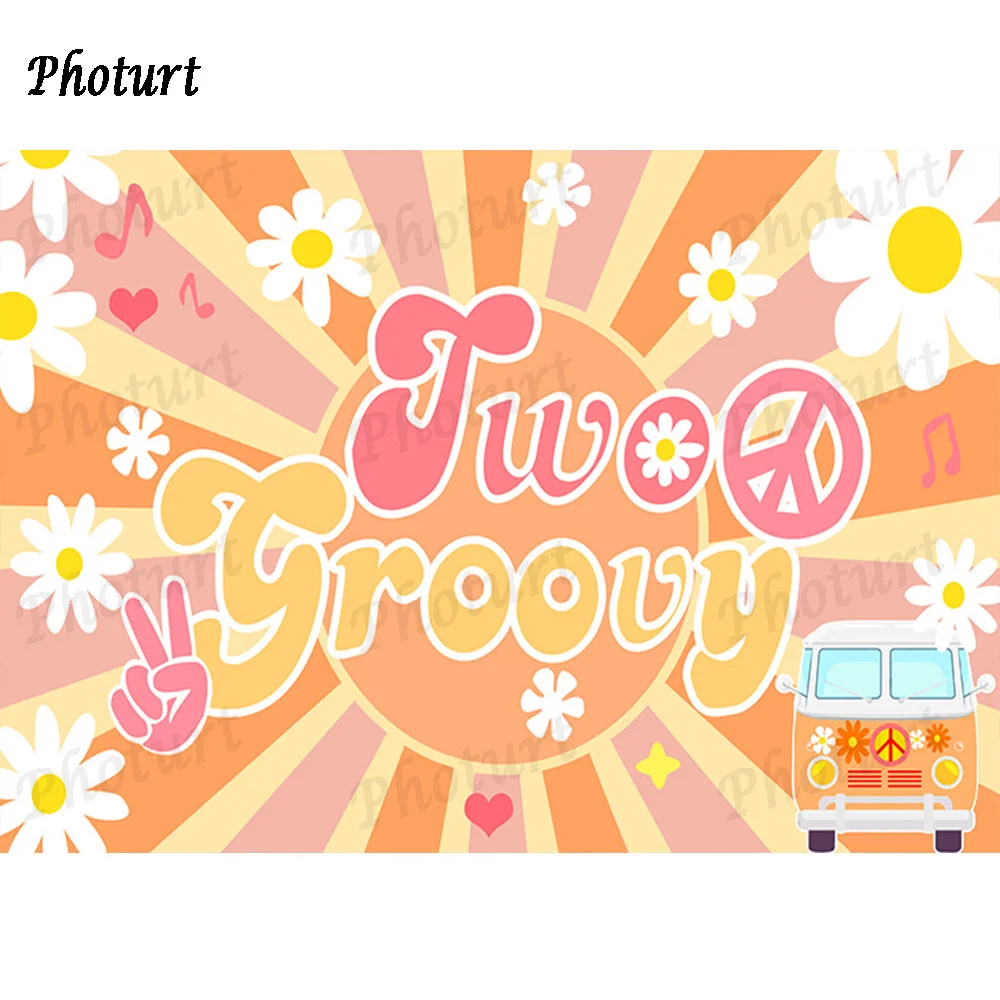 PHOTURT Two Groovy Retro Hippie Backdrop Kids Birthday Background Sign Flower Vinyl Polyester Photography Decoration Props