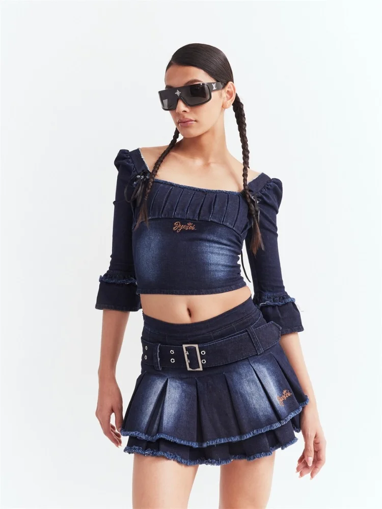 

Denim Suit Women's Dark Blue Washed Cotton Summer New Square Collar Puff Sleeve Top Pleated Skirt Ballet Style FashionTrendy 1Pc