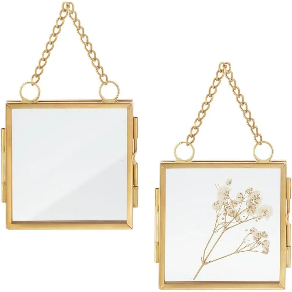 2pcs Mini Hanging Glass Frame Wall Hanging Photo Frames 2.7 Inch Double Glass Picture Frame with Chain Folding Frame Making Kit