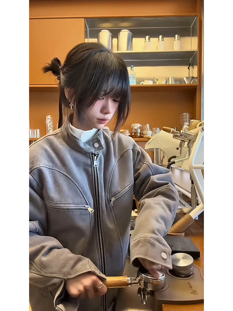 

Waed ort Denim Jaet ey Stand Collar Men's Autumn Winter American Retro Detroit Workwear Harrington Coat Youth Trend