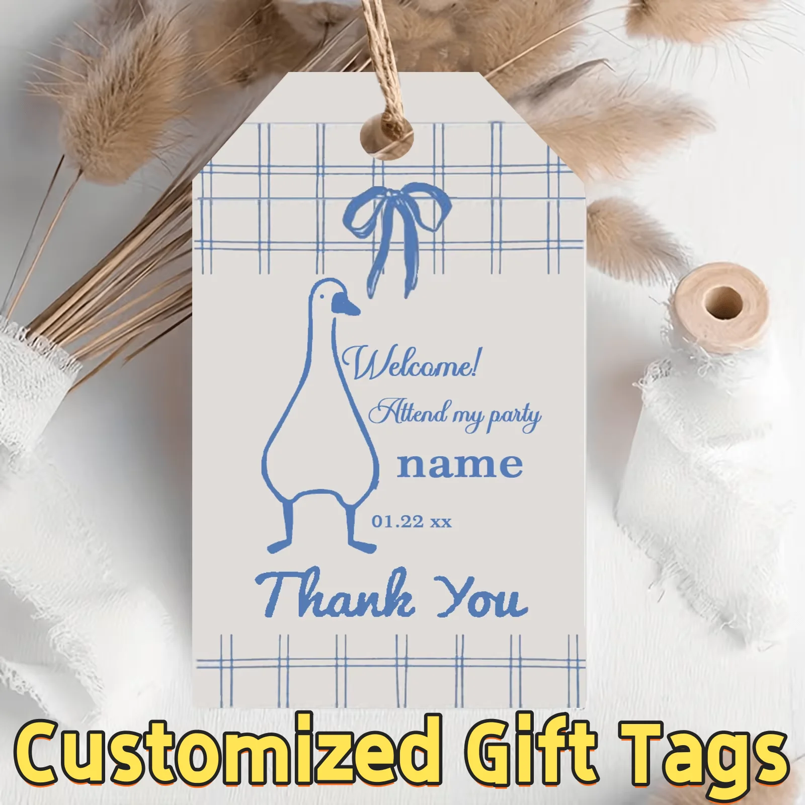 

Blue Goose Thank You Hang Tags, Custom Plaid Duck Party Favor Labels with Personalized Name & Date, for Birthday & Baby Shower