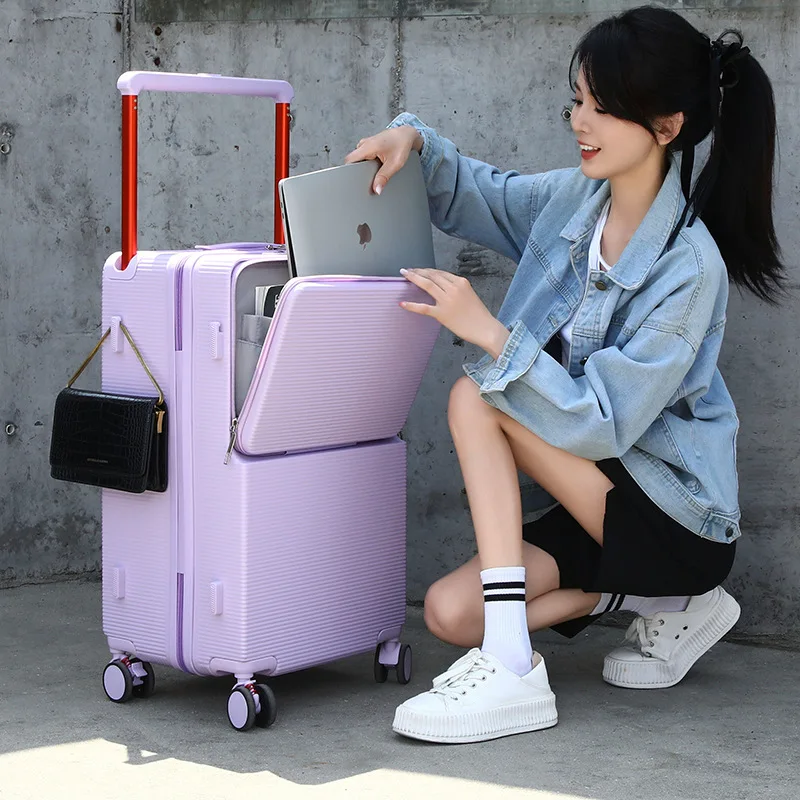

Front Opening Spinner Luggage 20 Inch Large Capacity USB Charging Cup Holder Multi Function Travel Case Luggage Set Trolley Bag