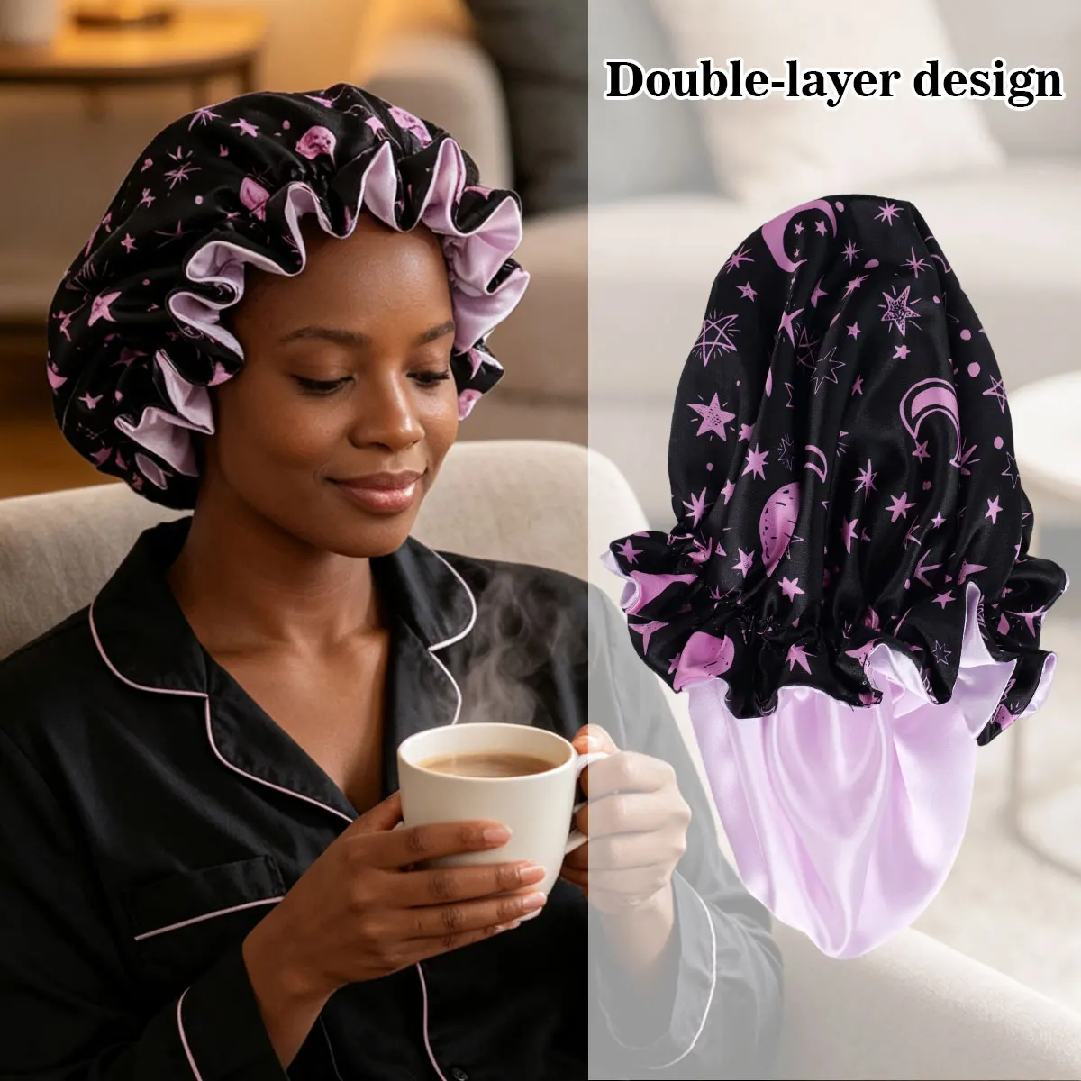 Reversible Double-layered Bonnet with Different Color, Hair Bonnet For Sleeping, Shower Cap, With Printed Patterns, Reusable