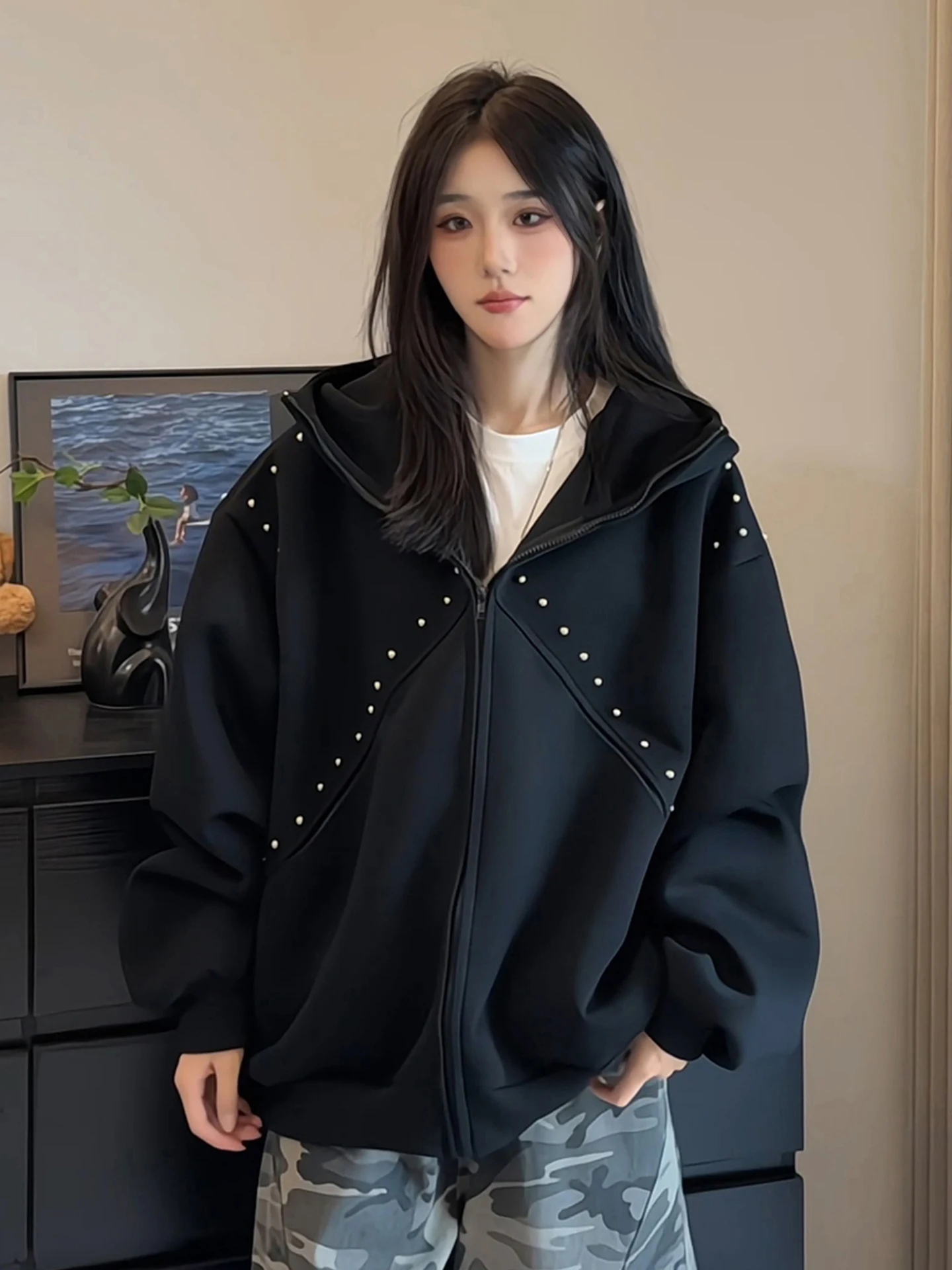 

Черная толстовка-худи с заклепками, осенний дизайн, кардиган-жакет, плотная парная куртка в американском уличном стиле