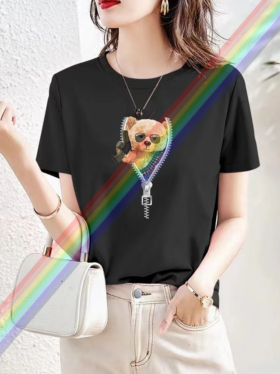 Summer women's 3D bear print loose oversized casual round neck short sleeved T-shirt top Sports Fashion Casual Explos