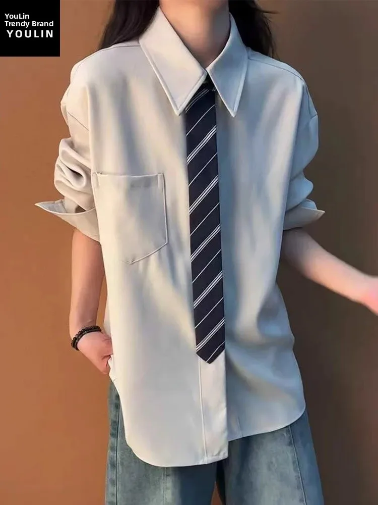 

Casual Sle Men's Long Sve irt with Fake Tie Splice Design Spring Faion Brand College Sle Couple Matching DK irt ...