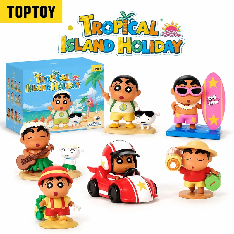 Toptoy Crayon Shin Chan Tropical Island Holiday Blind Box Anime-Figur Schreibtischdekoration Sammlerstück Überraschungsgeschenk für Anime-Fans