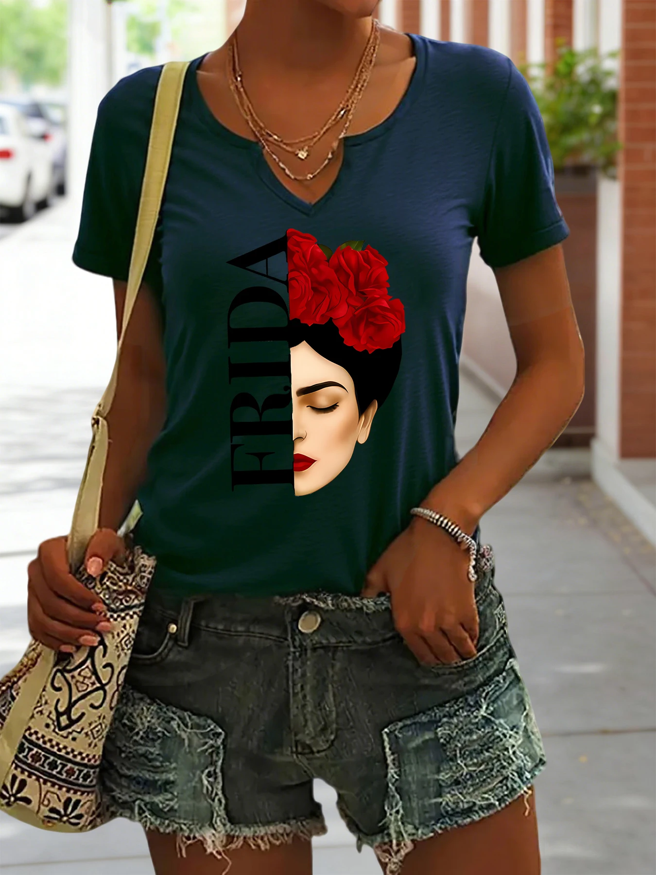 Women's Summer V-Neck Short Sleeve T-Shirt, Frida Kahlo with Red Roses Print, Artistic Feminist Casual Fashion Top view 5