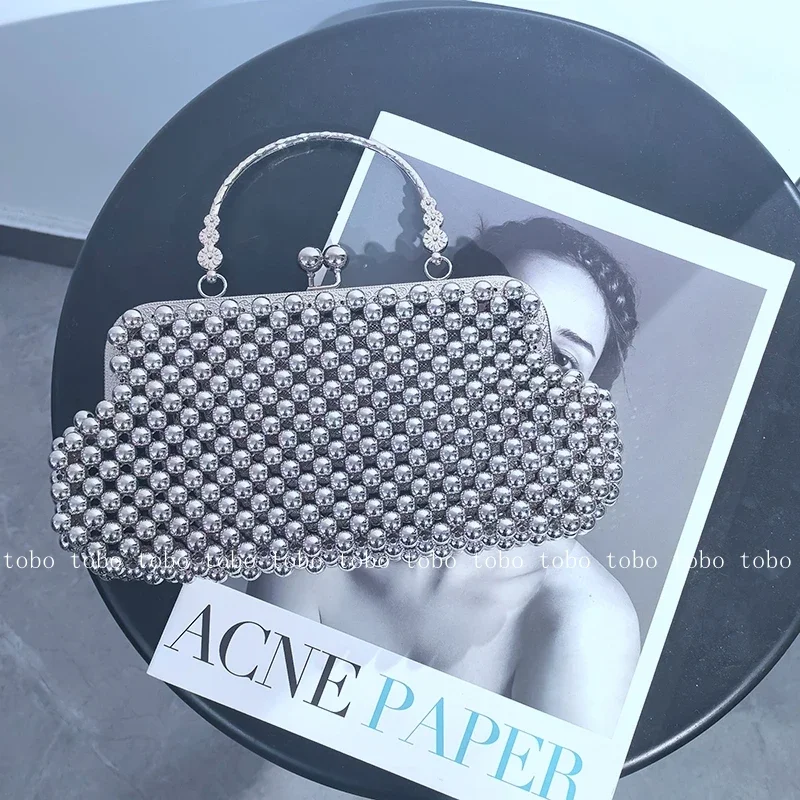 

Shiny Slice Women's Handmade Beaded Purse Popular Silver Designer Bag Metal Handle Hobos for Women Evening Hasp Bags