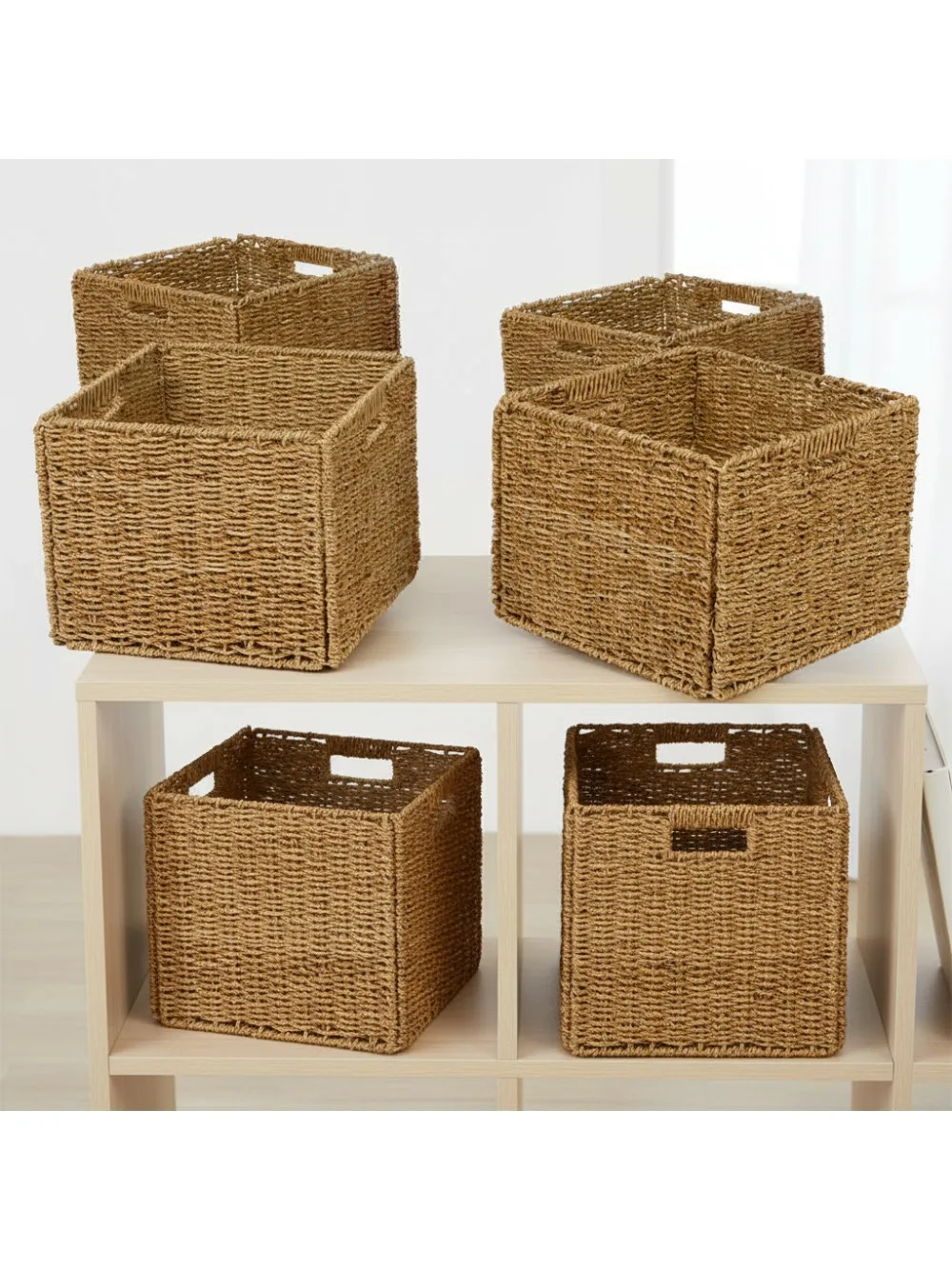 

Foldable Seagrass Storage Basket Set of 4, Iron Wire Frame, 12.7 Inch Collapsible Organizer for Home Kitchen Bedroom