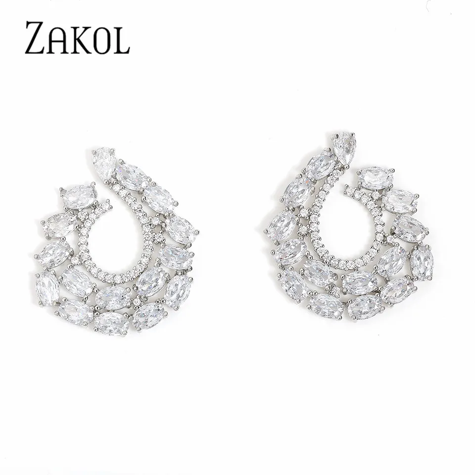 ZAKOL Fashion Clear Zircon Circle Shape Stud Earrings for Women Crystal Wedding Party Jewelry EP069