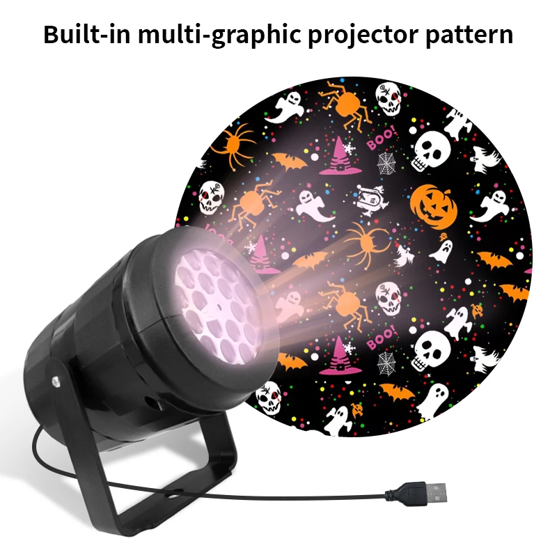 1pc LED Halloween Projection Light16 Patterns USB Powered Projection Lamp Light Outdoor Projector Stage Halloween Decoration