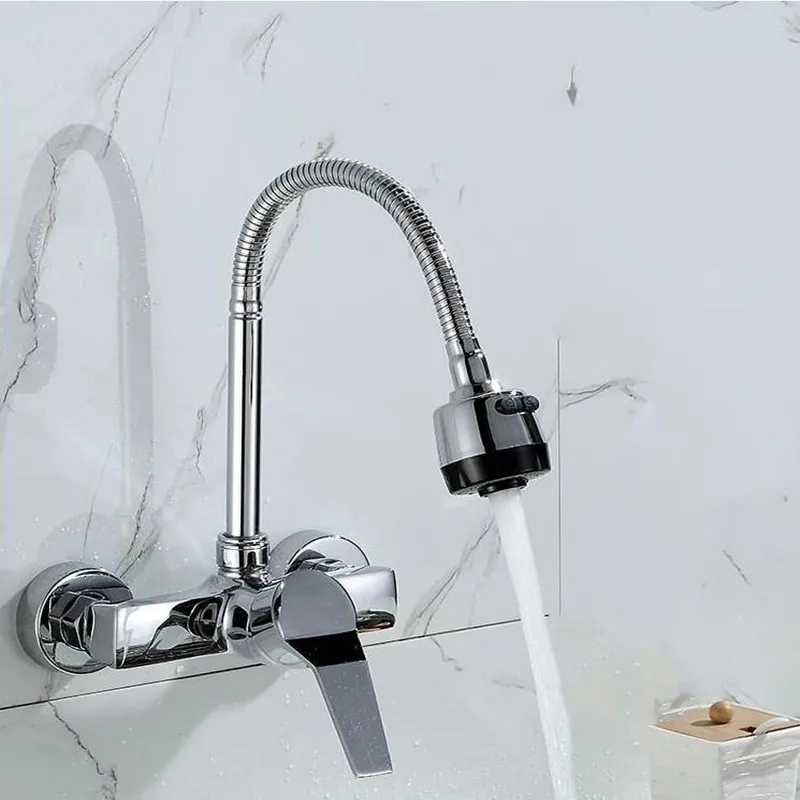 

Wall Mounted Kitchen Mixer Faucet 360 Degree Swivel with Flexible Hose Kitchen Tap Cold and Hot Stream Sprayer Kitchen Faucet