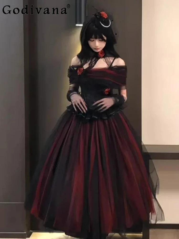 

Elegant Lolita Red Gothic Princess Birthday Banquet Christmas Dress Fashion High Waist A-line Versatile Age Reducing Dresses