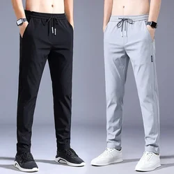 Summer Men's Casual Pants Thin Soft Elasticity Lace-up Waist Solid Color Pocket Applique Korea Grey Black Work Trousers Male