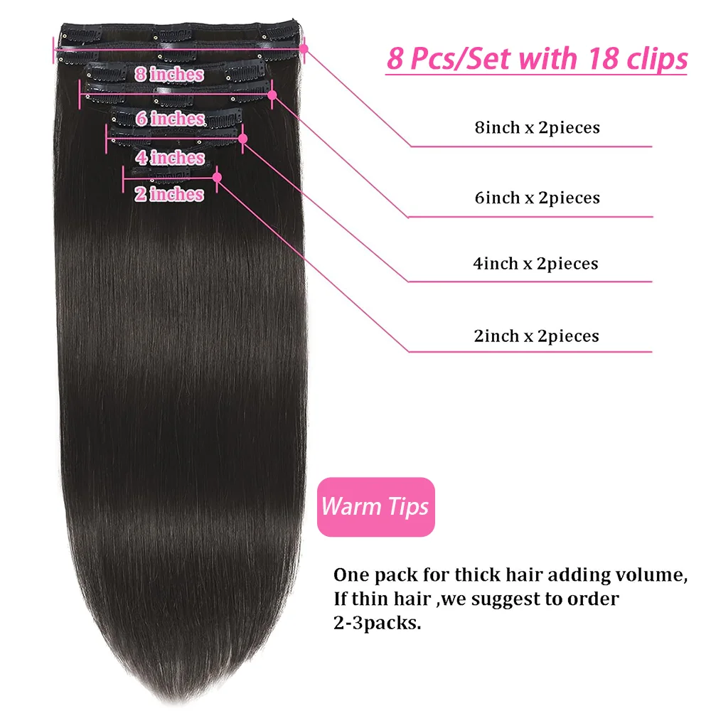 Clip In Hair Extension Braziliaanse Rechte Volle Kop Dubbele Inslag 100% Echt Menselijk Haar Natuurlijke Zwarte Kleur Clip Ins 16-26 Inch