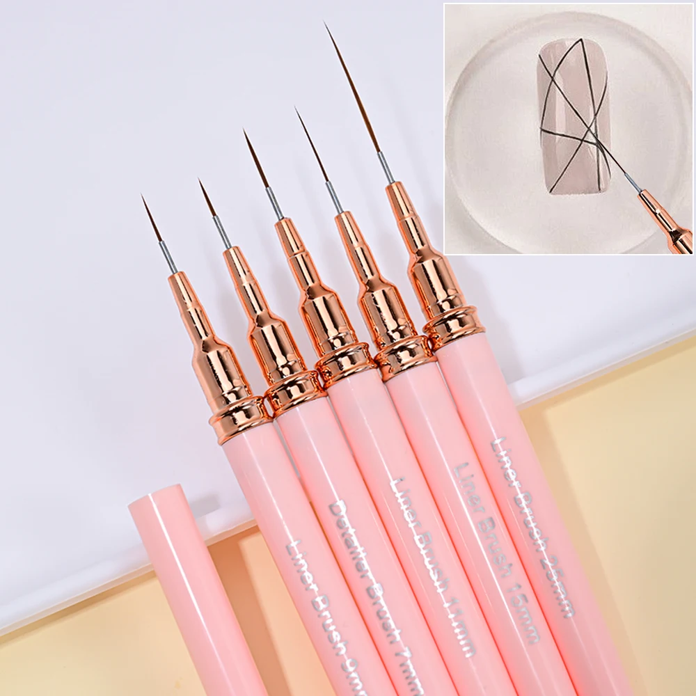 5Pcs/Set Pink Nail Art French Liner Brushes 7/9/11/15/25mm Wydłużone paski UVGel Drawing Pen Profesjonalne narzędzie do manicure z farbą