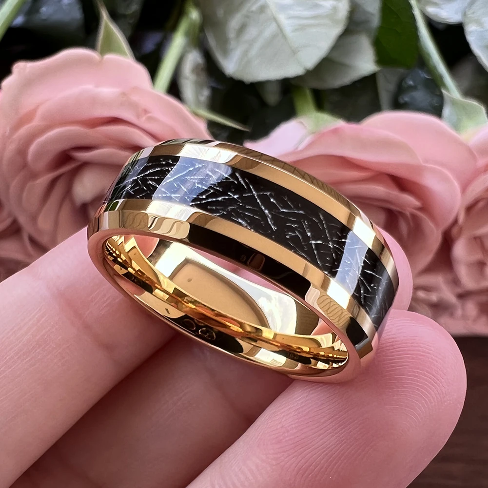 8mm Wholesale Meteorite Inlay Tungsten Ring Men Women Fashion Engagement Wedding Band Beveled Polished Shiny Jewelry – Detail 7