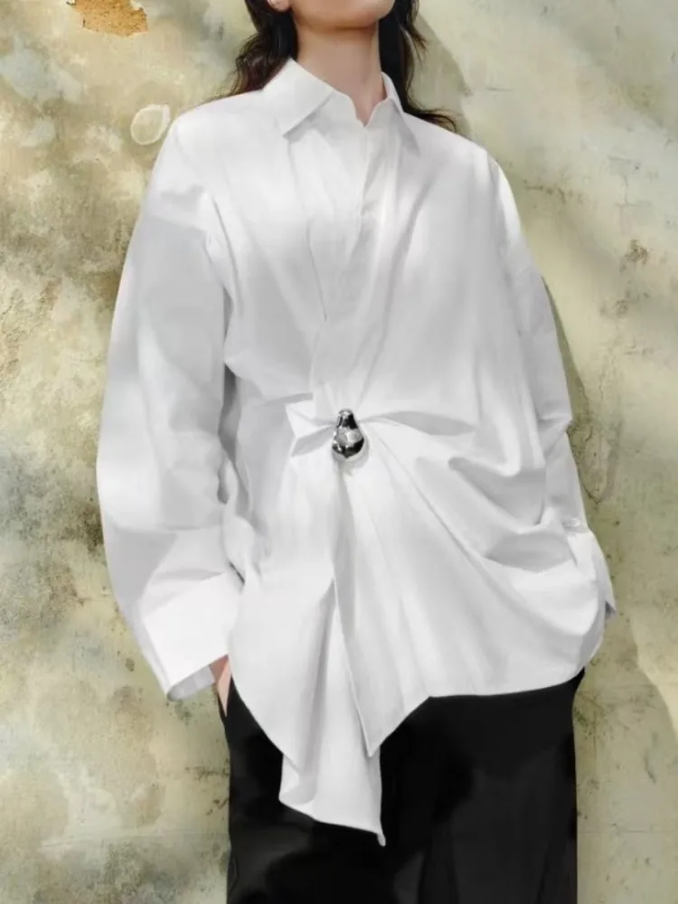 

Bonboho Women's Solid White Twist Front Blouse Lapel Collar Long Sleeves Asymmetric Hem Loose Fit T-shirt Casual Chic Wear