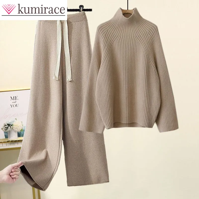 Autumn and Winter Set New Korean High Collar Knitted Sweater Women\'s Slimming and Age Reducing Wide Leg Pants Two Piece Set