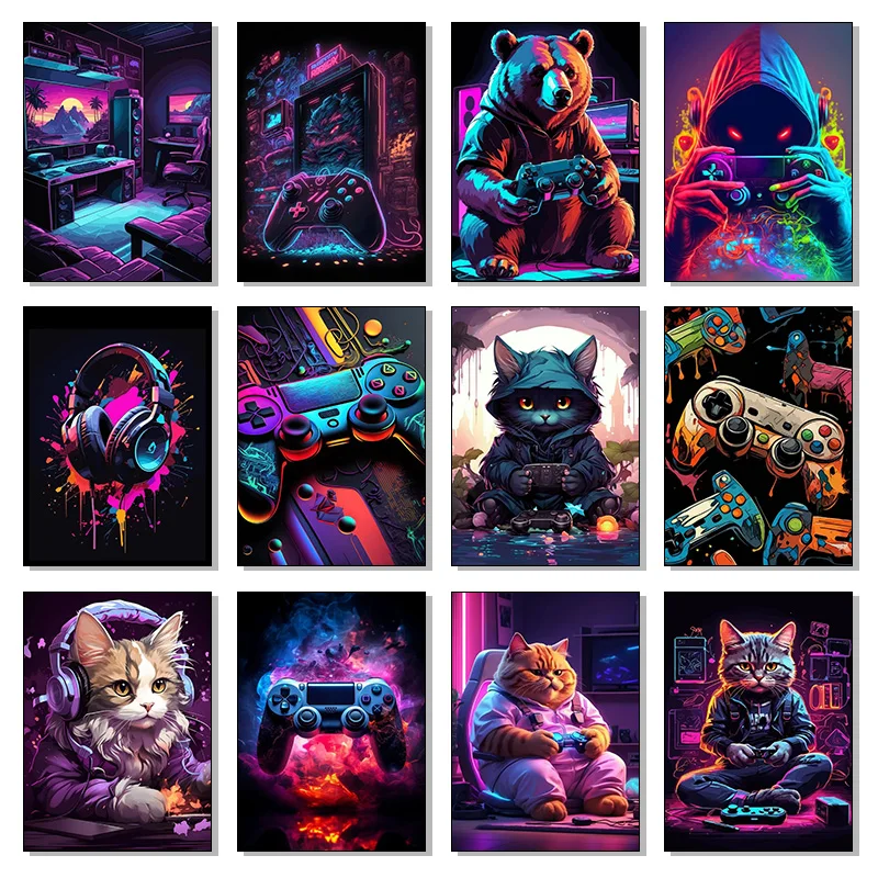 Colorful Neon Game Console Cat Headphones Poster Canvas Painting Graffiti Gaming Controller Wall Art Gamer Bedroom Home Decor