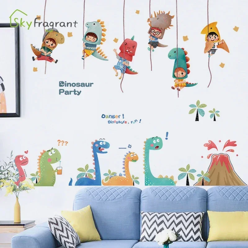 Fun Dinosaur Wall Stickers For Kids Rooms Child Bedroom Wardrobe Cute Home Wall Decoration Self Adhesive Sticker Wallpapers