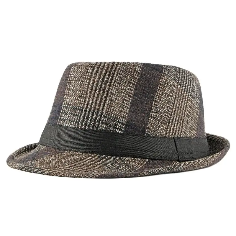 Spring Summer New Vintage Checked Top Hat Men\'s Middle-aged and Elderly Woolen Gentleman\'s Hat Jazz Hat