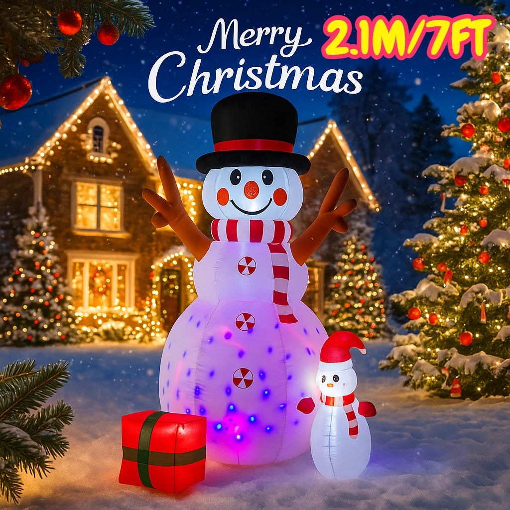 

Рождественский снеговик 2,1 м/7 футов и подарочные украшения, домашние надувные игрушки со светодиодной подсветкой, рождественские украшения для двора, вечерние декорации «сделай сам»