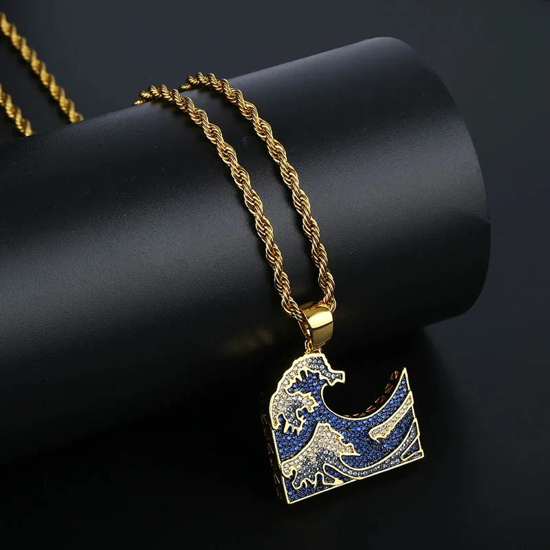 

Ailodo Hip Hop Iced Out Wave Pendant Necklace For Men Women Punk Colorful Cubic Zirconia Necklace Fashion Jewelry Birthday Gift