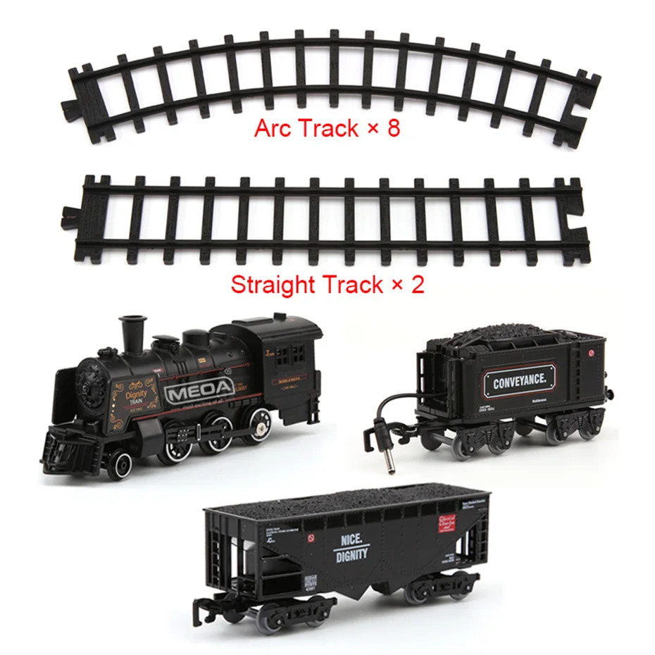 MEOA Classical Battery Operate Electric Railway Train Steam Locomotive Set Alloy Train Toys with Light&Sound Kids Gifts