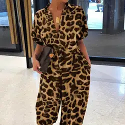2024 Summer Fashion V-Neck Button Lace-Up Jumpsuit Short Sleeve Loose Women Elegant Leopard Print Pocket Rompers