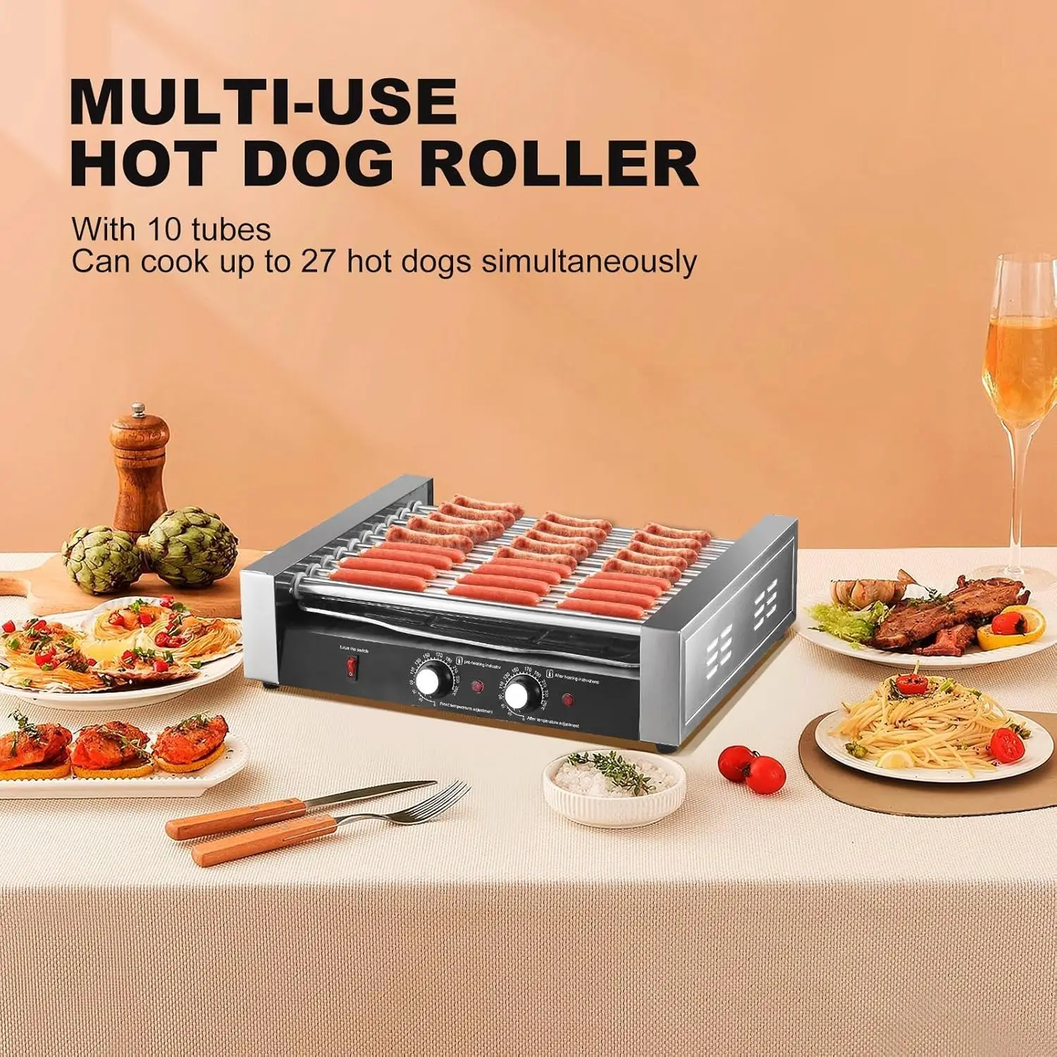 Roller - 10 Rollers Sausage Grill Cooker Machine,Non-Stick Warming Racks, Removable Oil Drip Tray, 27 Hot Dogs Capacity, Temp Co