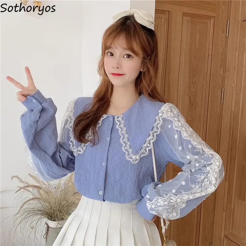 

Blouses Shirts Women Peter Pan Collar Lace Patchwork Sweet Elegant Lantern Sleeve Korean Style Autumn Students Vintage Fashion