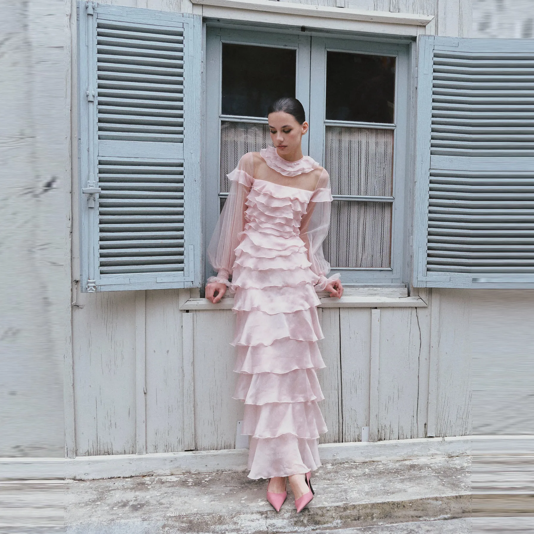 Pink Layered Ruffle Maxi Dress – High Neck, Sheer Chiffon Lace & Lantern Sleeve Flattering, Casual Lazy Style, Retro Versatile