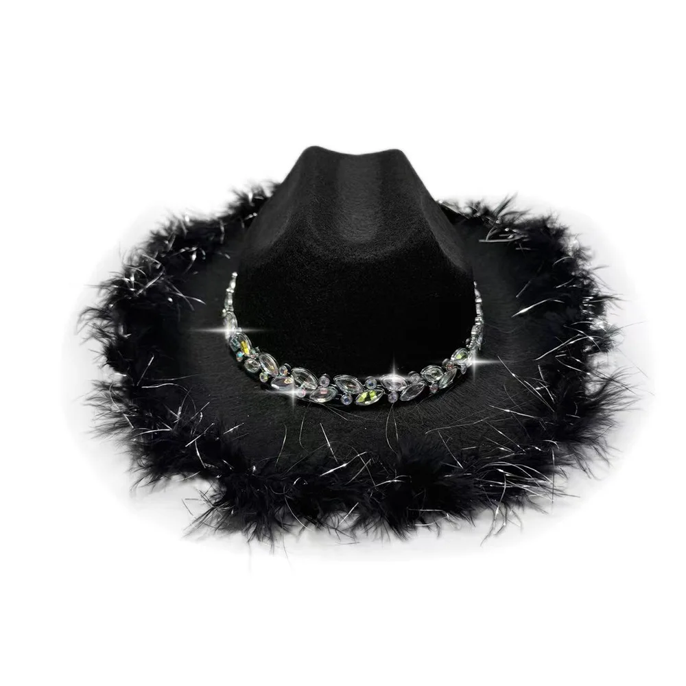 Chapeau de Cowboy pour enfants, chapeau à bord de plumes en feutre, chapeau de fête d'anniversaire, casquette de Costume de spectacle scintillant pour spectacle de mariage Disco