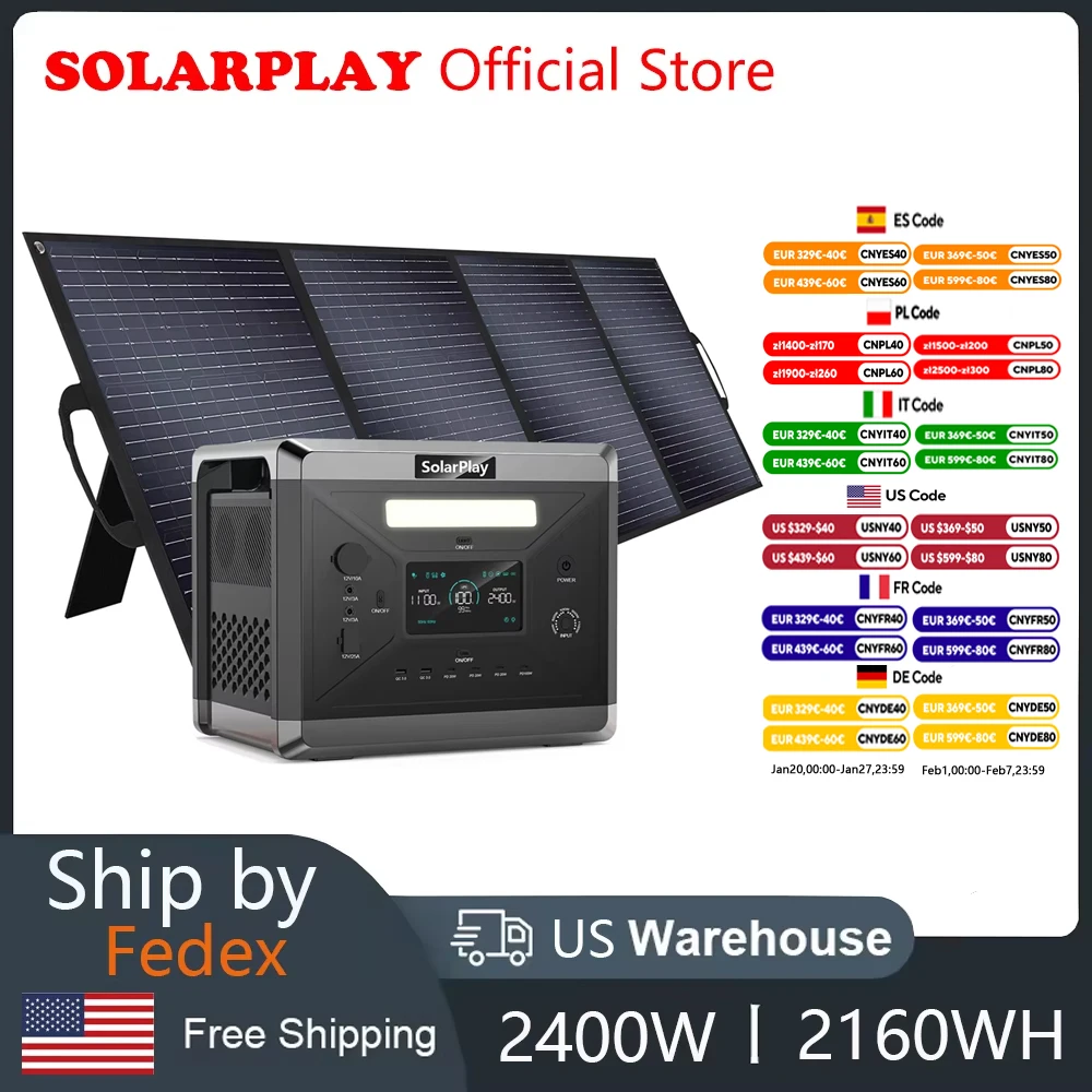 SOLARPLAY  2400W Power Station 2160Wh Portable Lifepo4 Battery 675000mAh UPS Energy Storage Supply With 200W Solar panel ForHome