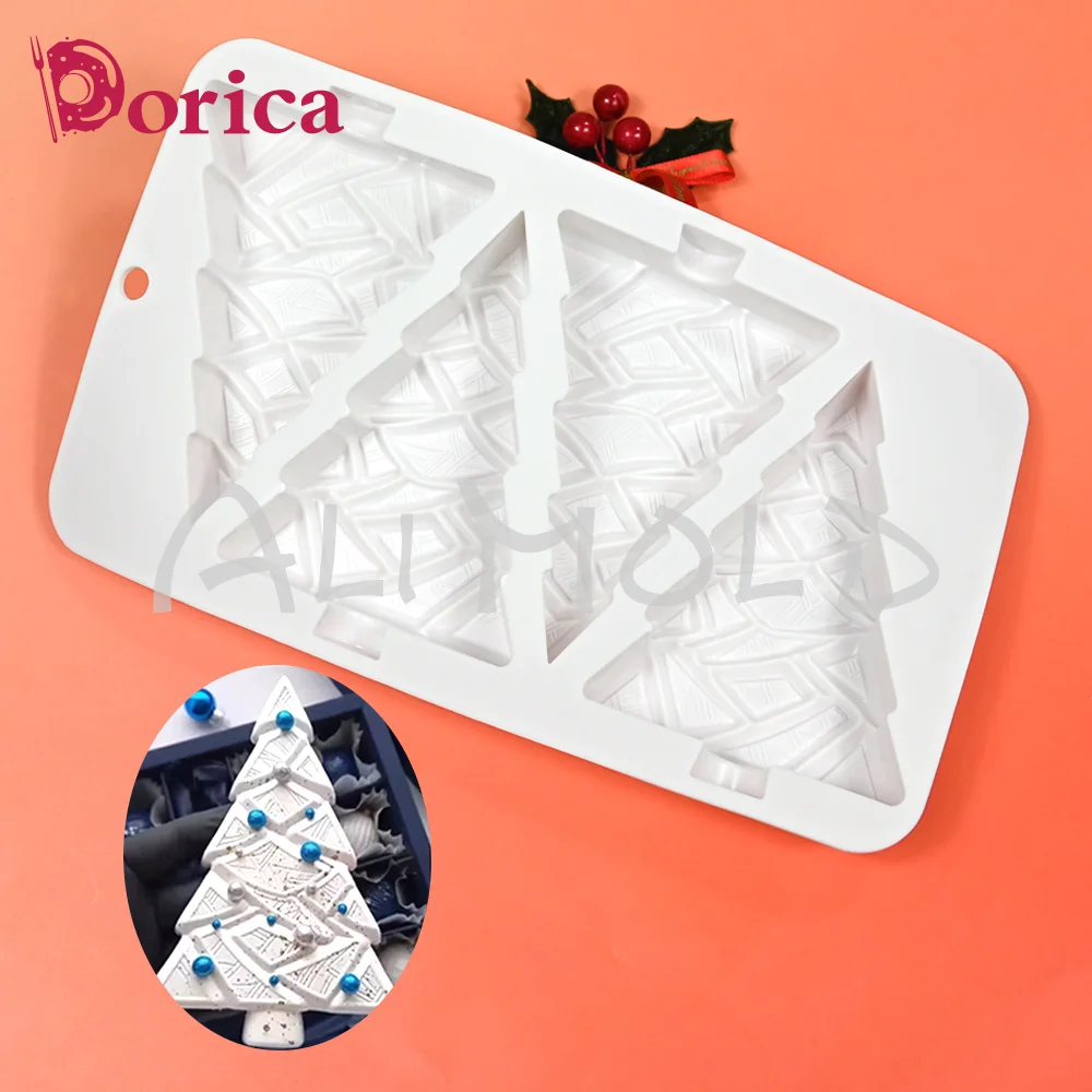 Dorica 4 Hole Christmas Tree Mousse Mold Food Grade Chocolate French Dessert Cake Pastry Baking Mould Handmade Soap Plaster Tool