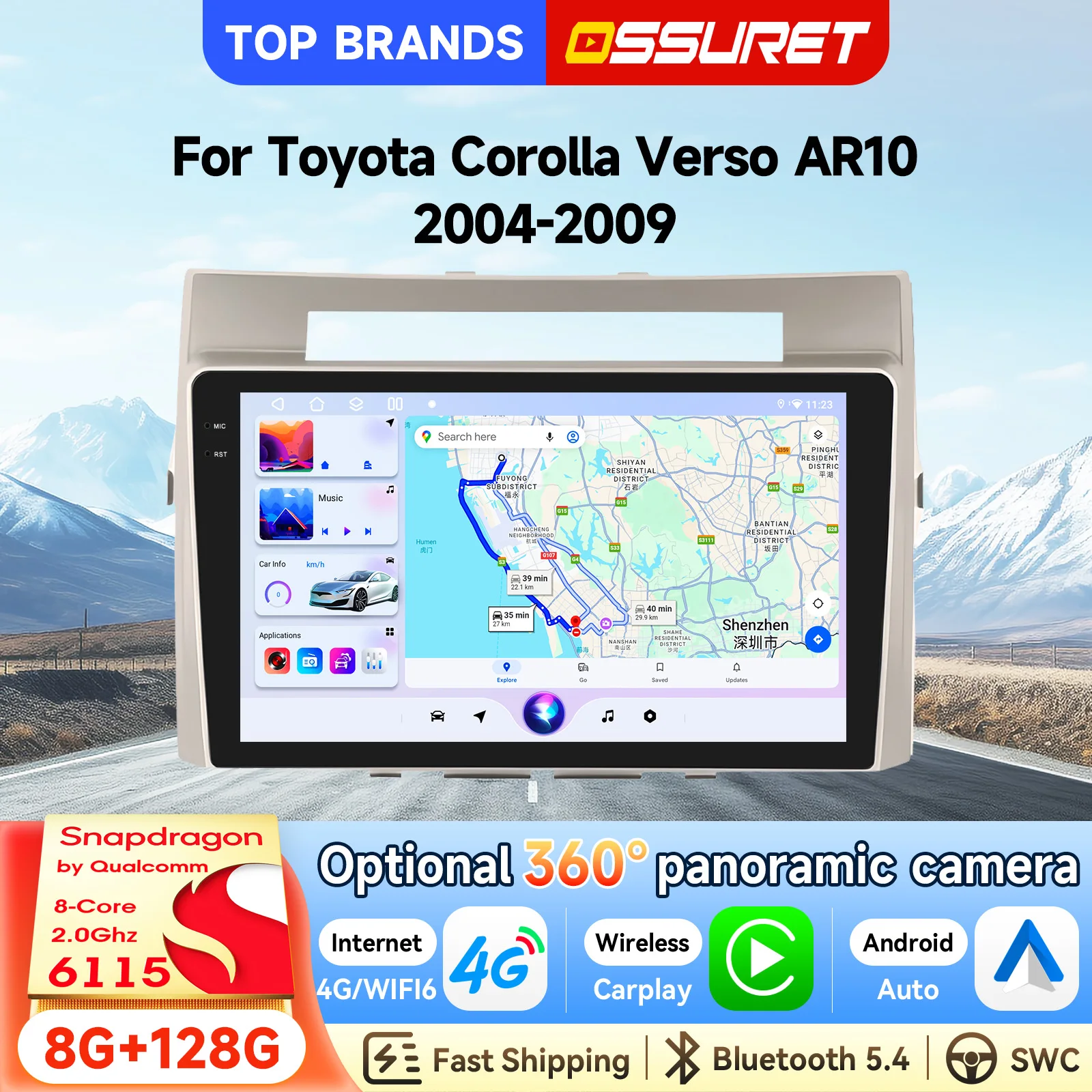 OSSURET Autoradio 9'' 2 Din GPS Android 15 Autoradio für Toyota Corolla Verso AR10 2004-2009 mit Qualcomm Snapdragon 6115 Octa Core Navigation Optional 360 °   AHD-Kamera Bluetooth SWC Carplay Android