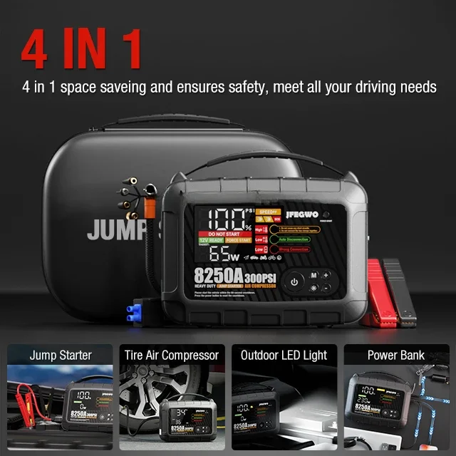 Factory Wholesales Jump Starter 8250A 12-volt 32000mAh Jump Starter with Air Compressor 300PSI Tire Inflato