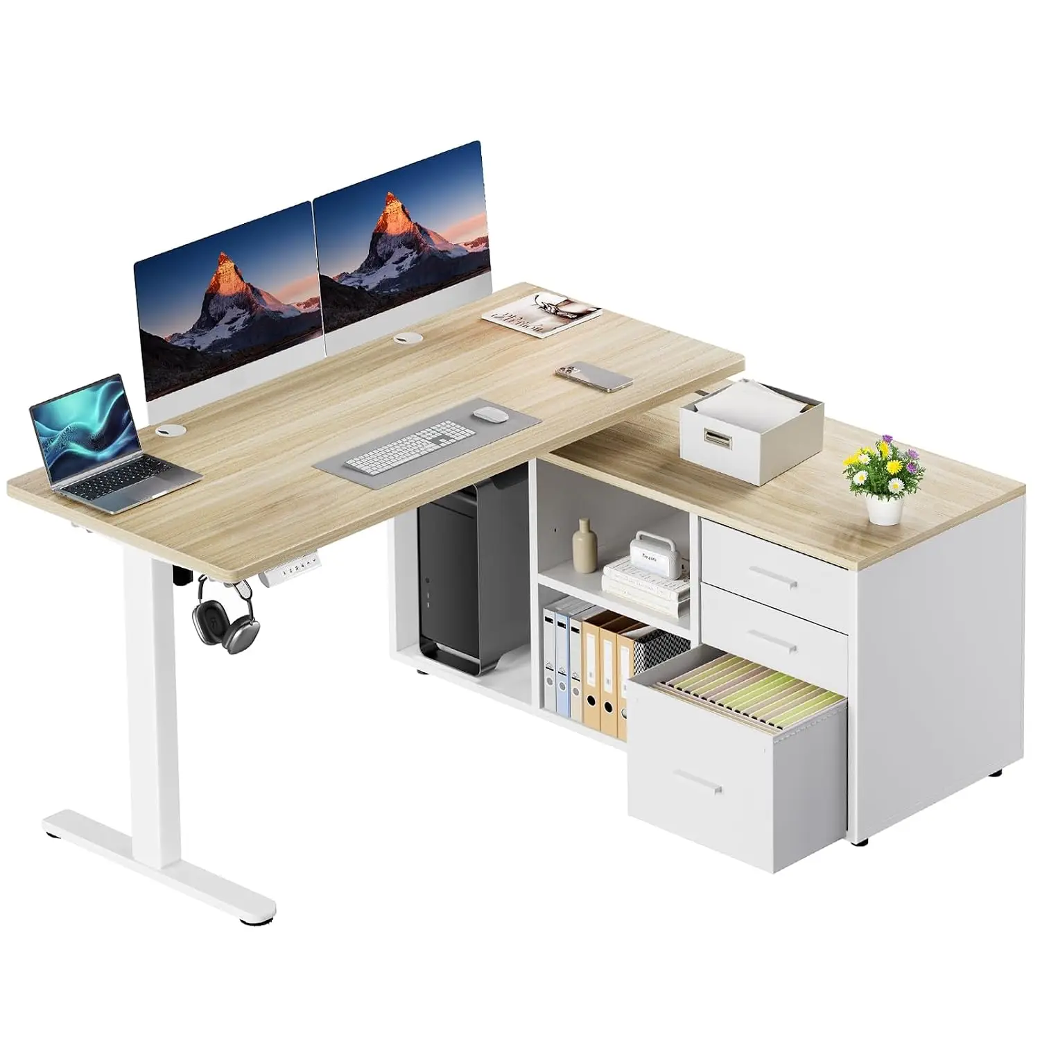 L Shaped Standing Desk with Drawers, Electric Adjustable Height, 4 Memory Presets, One-Piece Desktop, Office Computer Workstatio