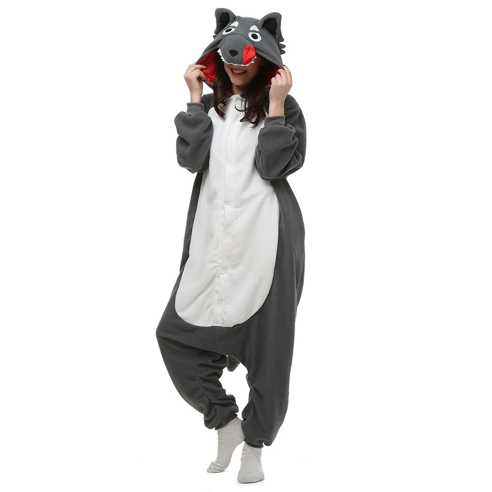 Pijama animal unissex para adultos, fantasia de cosplay lobo, pijama de 1 peça, roupa caseira para meninos e meninas, homens e mulheres, presente